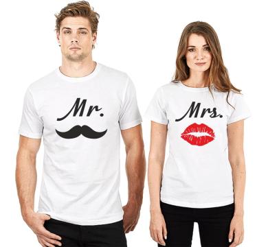 Тениски за двойки с щампи Mr. & Mrs.
