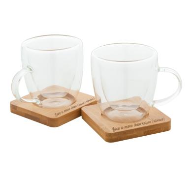 Чаши за еспресо с дървени подложки с надпис